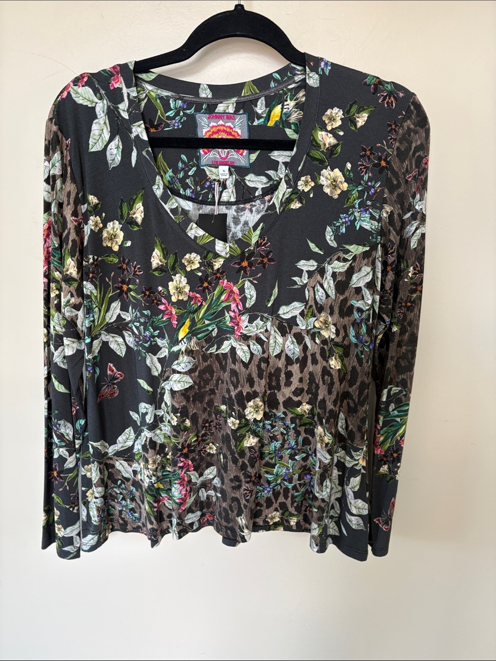 Johnny Was Black Floral & Leopard Print Long Sleeve V-Neck Top